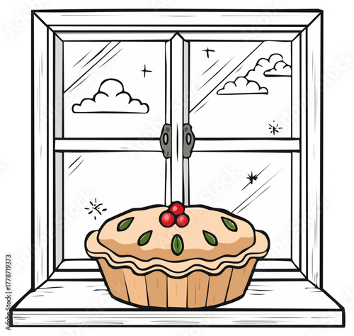 Whimsical homemade fruit pie with berries and leaves resting on a cozy window sill under a charming cloudy sky illustration