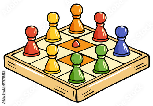 Vibrant cartoon illustration of a traditional board game with colorful pawns on a wooden playing surface