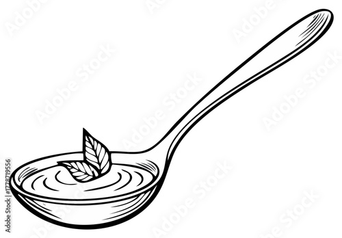 Vector illustration of Spoon with Cream Soup and Leaf Garnish food preparation line art