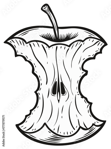 Ink drawing of an apple core with visible seeds and stalk