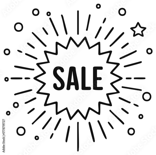 Hand drawn sale starburst graphic element with radiating lines and dots