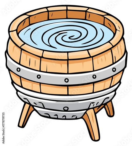 Cartoon illustration of wooden barrel filled with swirling water on stand