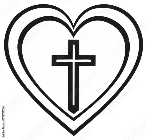 Heart and Cross Graphic, Simple Symbolism of Faith, Love, and Religion