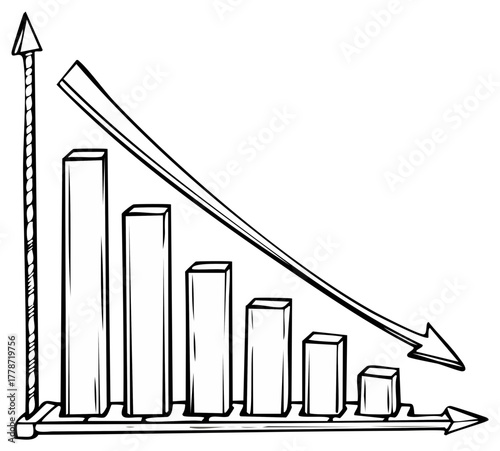 Hand Drawn Bar Chart Illustration with Decreasing Trend and a Rising Arrow, Depicting Fluctuations and Market Analysis