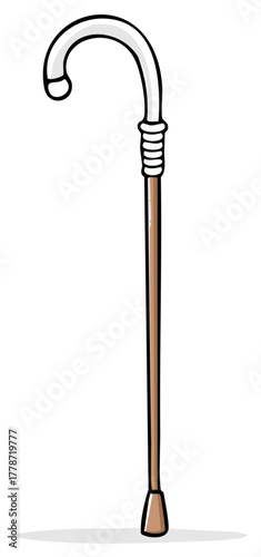 Classic wooden walking cane with a curved handle, hand drawn cartoon illustration