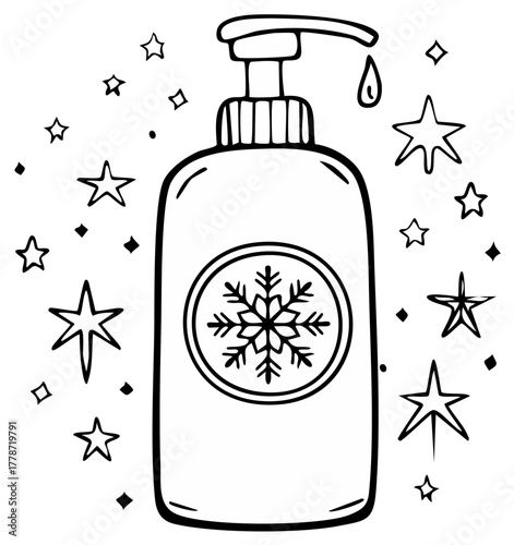Hand sanitizer bottle with snowflake illustration, stars and geometric shapes outline