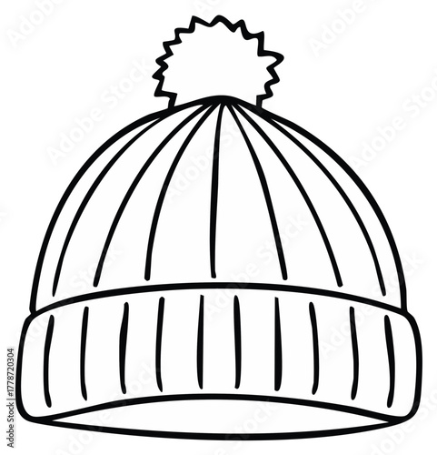 Stripy Winter Hat with Pompom Outline Illustration for Coloring and Creative Projects