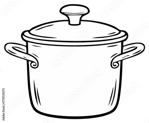 Simple black and white line art illustration of a kitchen cooking pot with a lid and handles
