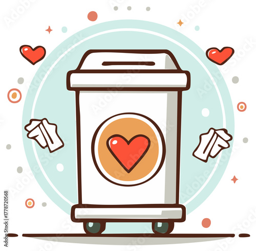 Cartoon Charity Donation Box with Heart Icon and Flying Paper for Generosity and Giving Concept