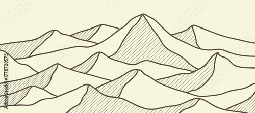 Mountain line art background, luxury wallpaper design for covers, invitation backgrounds, packaging designs, wall art and prints. Vector illustration.
