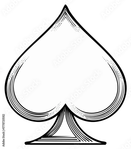 Black and white line art illustration of a spade playing card suit symbol with a vintage engraving style