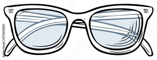 Cool graphic illustration of retro sunglasses with detailed light blue lenses and classic frame