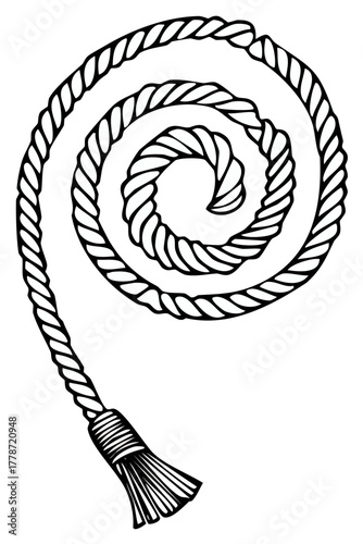 Spiral rope illustration in black and white with tassel end for design elements.