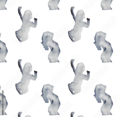 Watercolor pregnant girl and baby silhouette blue print.Hand painted silhouette motherhood element  pattern on white background.