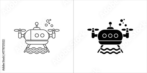 Underwater drone icon with water waves and bubbles