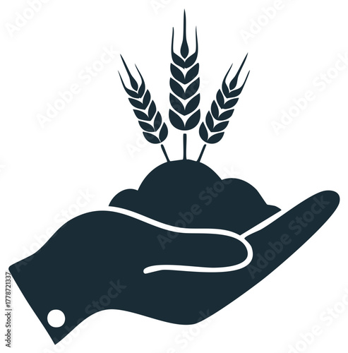 Hand holding fertile soil with growing wheat stalks icon symbol of agriculture and harvest