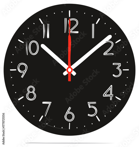 Black and white clock face with red second hand