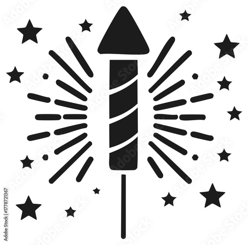 Black silhouette of a firework rocket with stars and a burst of sparks