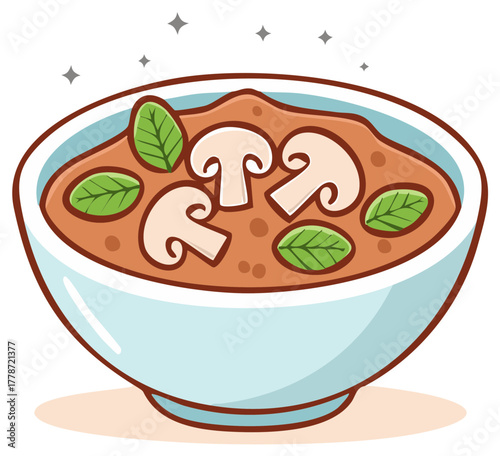 Cartoon Mushroom Soup Bowl with Basil - Illustration of Vegan Vegetable Broth in a White Dish