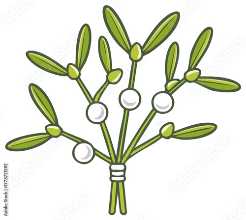 Stylized mistletoe sprig with green leaves and white berries tied with string
