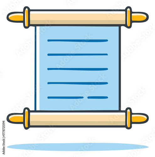 Classic unrolled scroll document with placeholder text lines. Flat cartoon illustration concept.