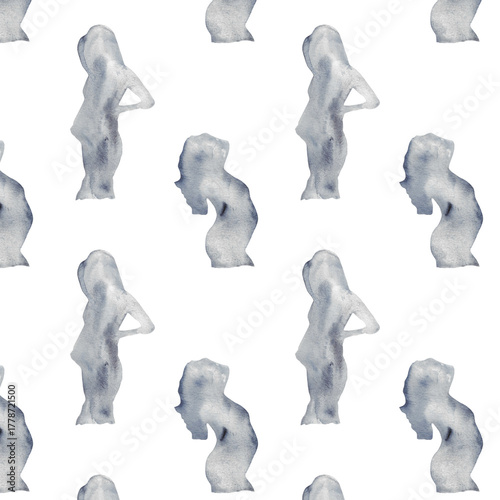 Watercolor pregnant girl and baby silhouette blue print.Hand painted silhouette motherhood element  pattern on white background.