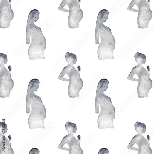 Watercolor pregnant girl and baby silhouette blue print.Hand painted silhouette motherhood element  pattern on white background.