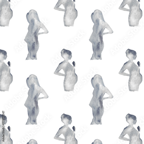 Watercolor pregnant girl and baby silhouette blue print.Hand painted silhouette motherhood element  pattern on white background.