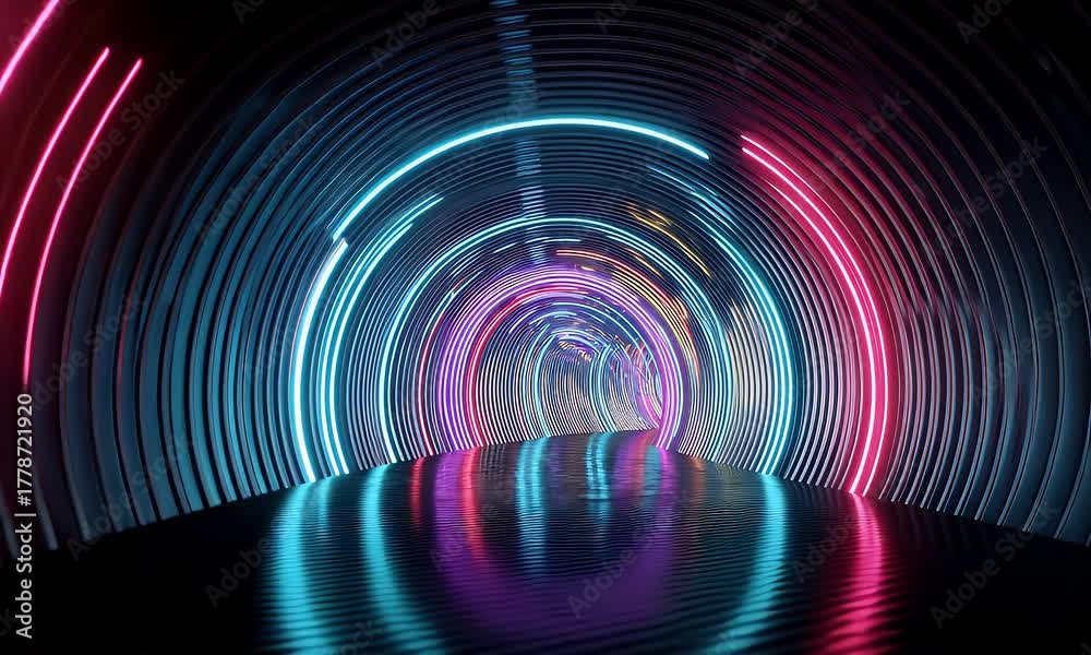 Abstract futuristic tunnel with glowing neon rings in vibrant blue and pink hues reflecting on a wet rippled surface creating a sense of depth and motion
