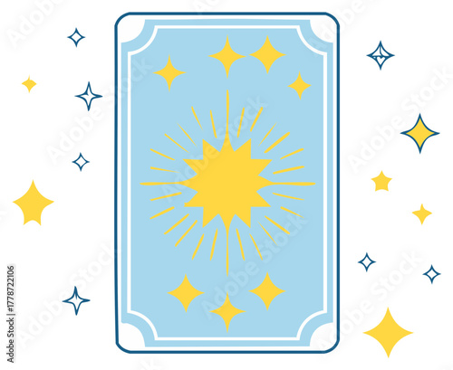 Illustration of a Tarot card, light blue with golden stars, divination and astrology, mystical, drawing