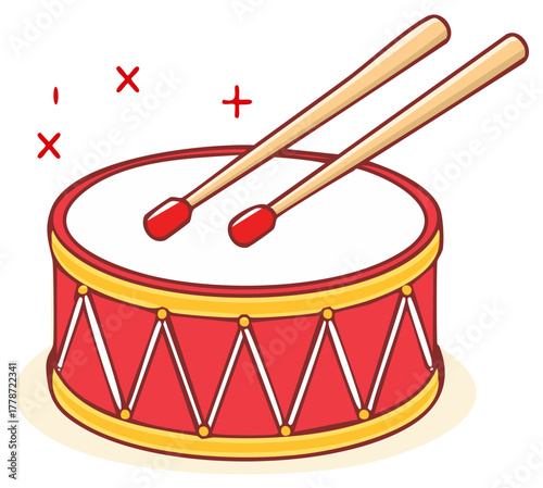 Cartoon illustration of a snare drum with wooden drumsticks for musical expression