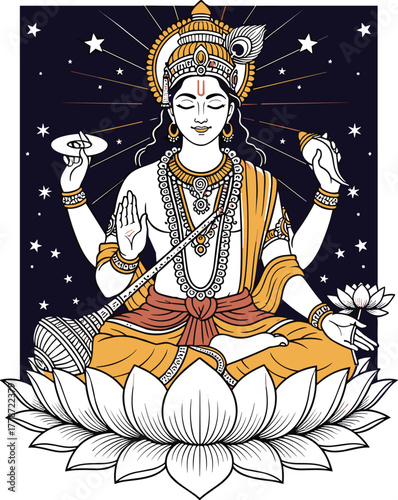 Lord Vishnu Meditating on Lotus Flower Against Night Sky with Stars - Hindu God Illustration for Spiritual Practice, Religious Festival, Meditation, Yoga, Eastern Culture, Mythology, Divinity