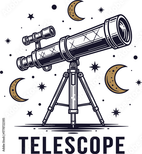Detailed Telescope Illustration Exploring Cosmic Wonders Against a Starry Night Sky, Perfect for Astronomy Enthusiasts, Educational Materials, Science Presentations, and Space Exploration Projects