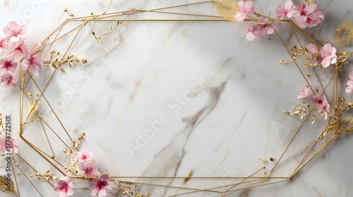 Elegant golden geometric frame adorned with delicate pink blossoms rests on a white marble surface