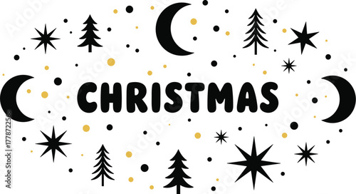 Festive Christmas Holiday Season Celebration with Ornamental Stars, Moon Phases, and Evergreen Trees on White Background for Greeting Cards, Invitations, and Seasonal Marketing Projects Featuring