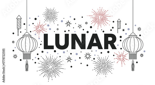 Lunar New Year Celebration: Festive Lanterns and Fireworks Display for Cultural Festivities, Traditional Celebrations, and Asian Holiday Greetings – Graphic Design Element for Marketing
