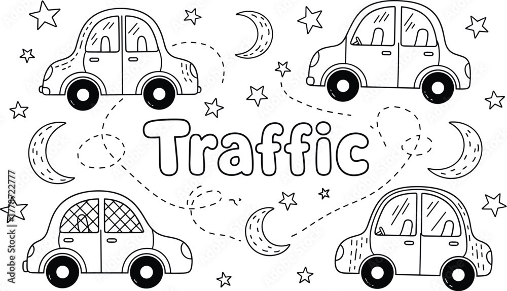 Obraz premium Cute Cartoon Cars Illustration Driving Through Starry Night Sky, Whimsical Traffic Pattern Design Element for Children's Education and Transportation Industry, Automotive Themed Coloring Book Page 