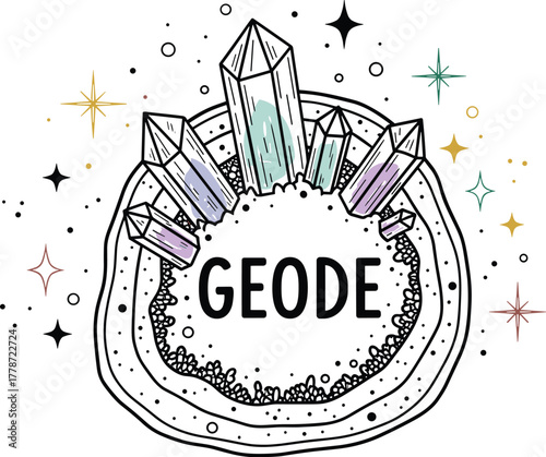 Colorful Geode Crystal Formation with Sparkles and Minerals Displayed, Representing Geological Science, Earth's Natural Beauty, Home Décor, and Bohemian Style for Esoteric Presentation, Artistic