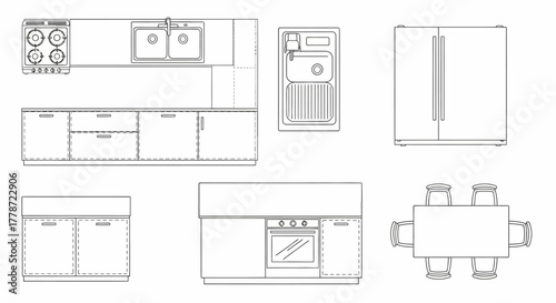 Kitchen Components Layout: A minimalist blueprint showcases essential kitchen elements, offering a clear top-down view of design and spatial arrangement.