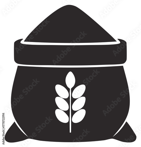 Wheat flour sack with grain design. Black and white illustration of agricultural symbol.