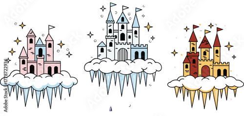 Colorful Floating Castles Illustration, Fantasy Architecture in a Dreamy Winter Wonderland Setting, Conceptual Design for Children's Education and Storytelling, Cute Fairytale Digital Artwork 