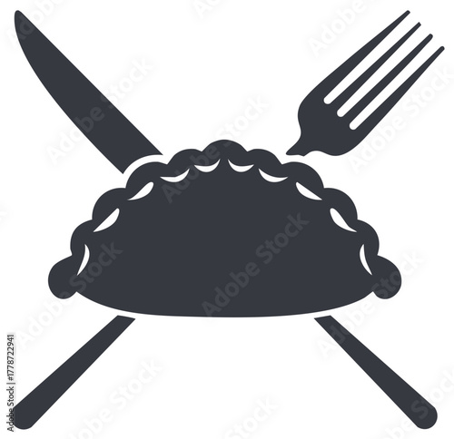 Delicious Dumpling Meal with Crossed Knife and Fork Dining Utensils Symbol