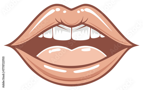 Open Mouth Cartoon with Teeth and Tongue Vector Illustration, Beautiful Lips Isolated