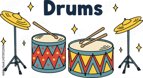 Colorful Drums and Cymbals Illustration with Sticks in a Musical Arrangement with Shining Stars for Education and Entertainment, Perfect for Children's Books, Music Lessons and Graphic Design