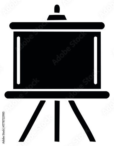 Simple black glyph icon of a blank presentation board on a tripod easel stand