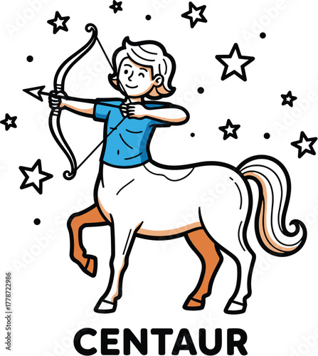 Confident Centaur Archer Aiming with Bow and Arrow Among Stars, a Sagittarius Zodiac Sign Illustration for Astrology Education, Mythology Studies, Fantasy Games, Graphic Novel Design, and Educational