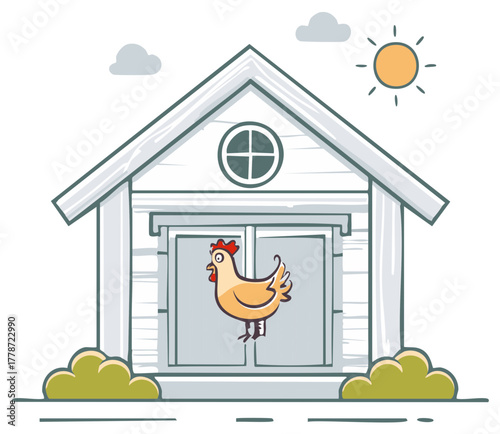 Cartoon chicken standing in front of a chicken coop with sun and clouds