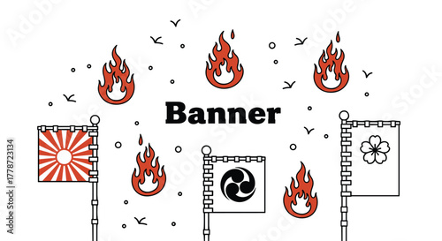 Japanese Banner Set Illustration with Flames, Rising Sun, Tomoe, and Cherry Blossom Graphics for Culture, Tradition, and Design Projects in Modern Outline Style Featuring Traditional Symbol