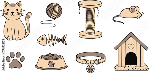 Playful Cartoon Cat with Accessories Illustration Set - Whimsical Pet Supplies and Toys Graphic Collection for Children's Education, Veterinary Clinics, Animal Shelters, and Pet-Themed Designs - Cute