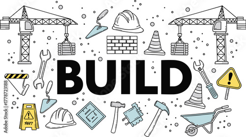 Construction and Building Project Concept with Doodle Style Illustrations Featuring Cranes, Tools, and Safety Equipment, Ideal for Engineering, Architecture, Infrastructure Development, and Urban